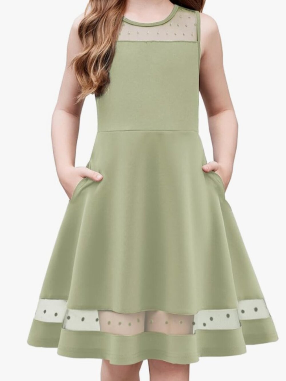 Elegant Light Green Girls Sleeveless Mesh Dress Size 14